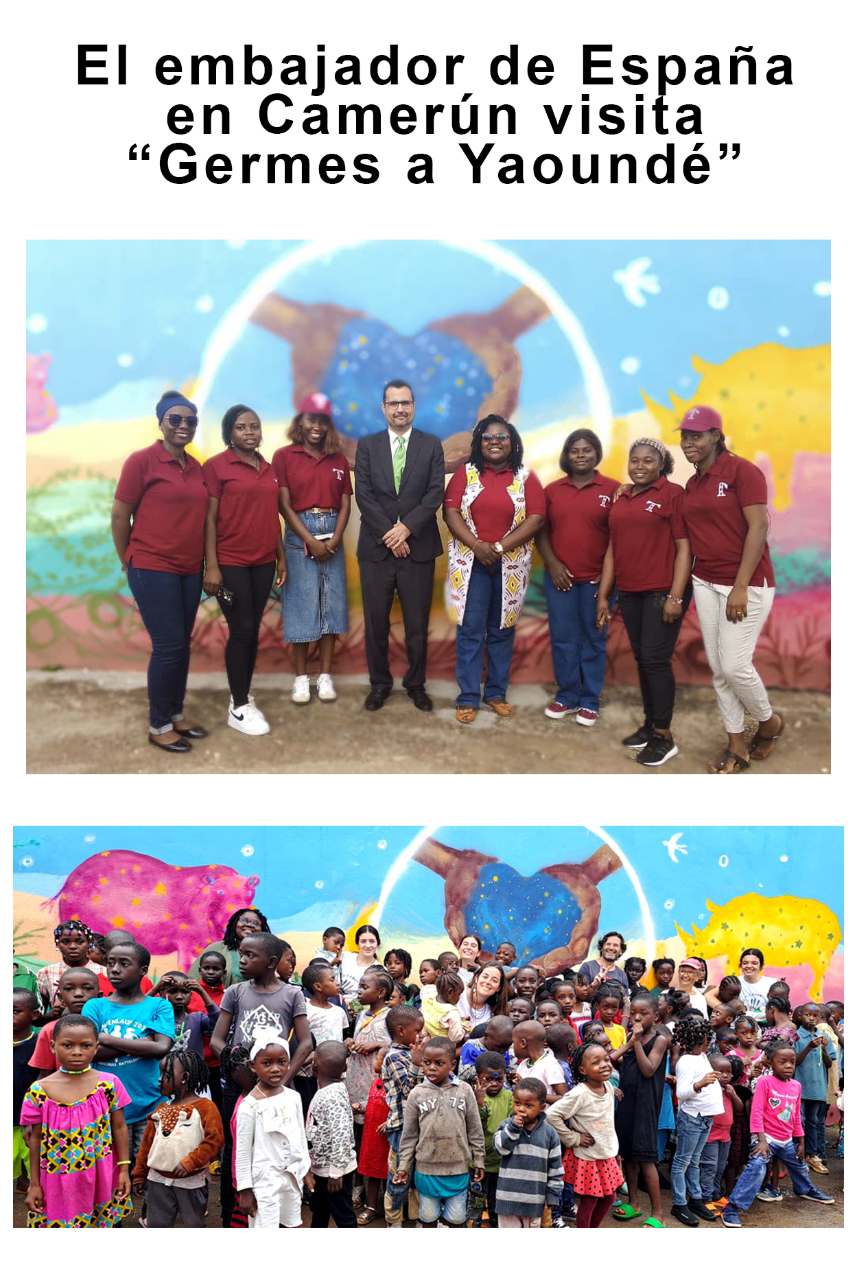 En el mural de Pepe Yáñez en la capital camerunesa han participado más de 150 niños y niñas del colegio Tiama Ecole con sus docentes y voluntariado de Adharaz 